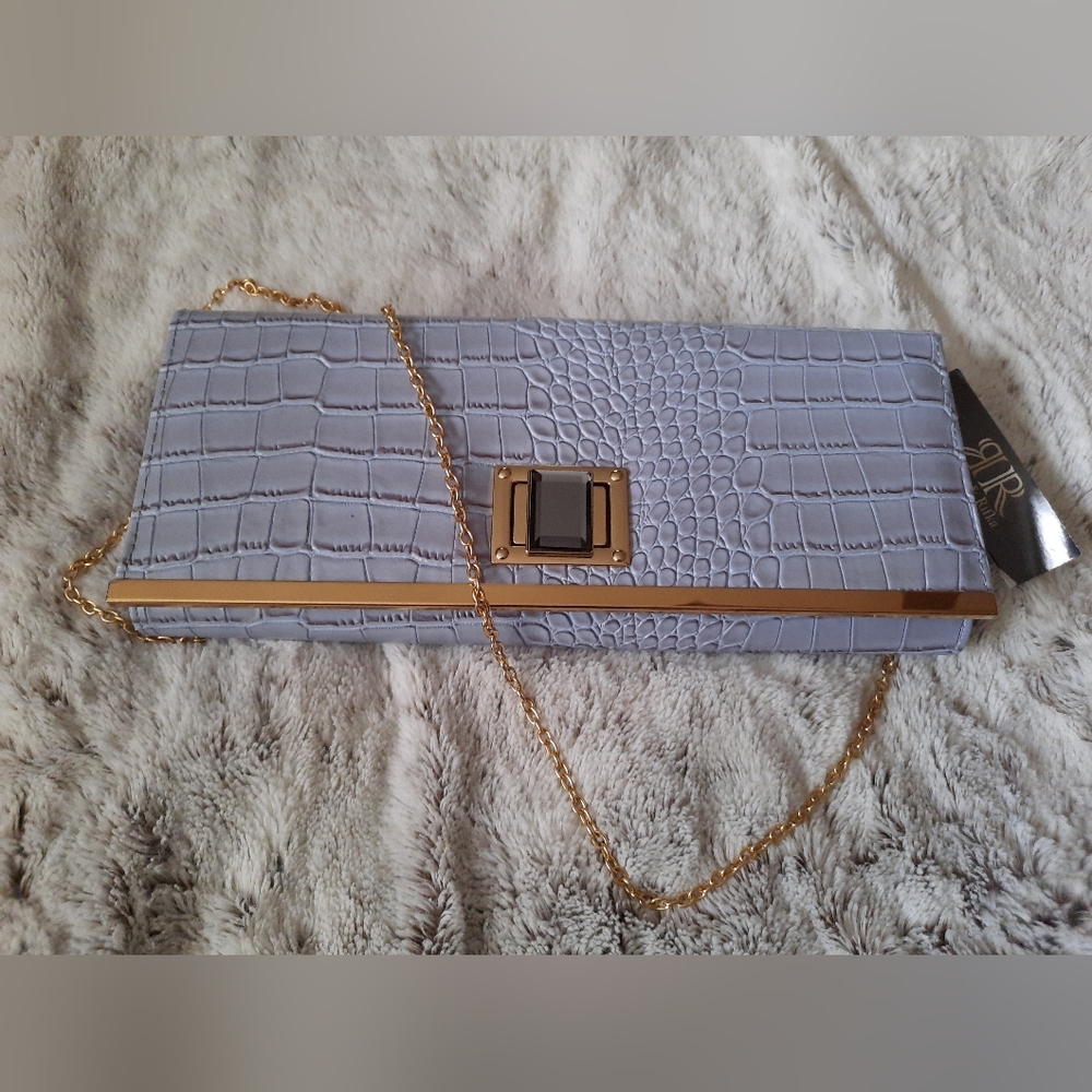 NEW Rebecca & Rifka Blue Grey Jewel Clutch Handbag Chain Shoulder Strap Faux Ski